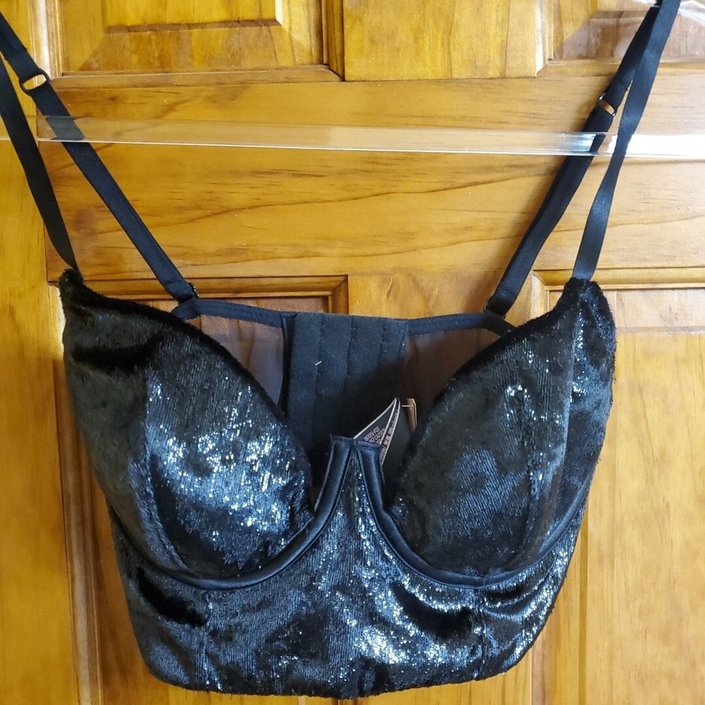 Victoria's Secret 32D Balconet Bra Women Black Sequin Velvet Very Sexy Longline